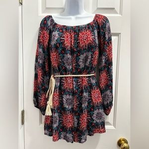 Women’s Onetheland Boho Printed Romper Belted Tassels Multi colored size Small.
